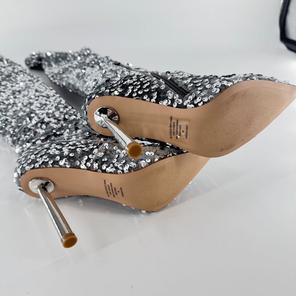 Steve Madden Silver Sequin Over-The-Knee Pointed Toe Stiletto Heel Boots Size 7 - Picture 11 of 15
